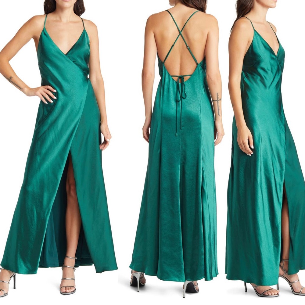 Lulus Green Fondly Loved Satin Wrap Gown